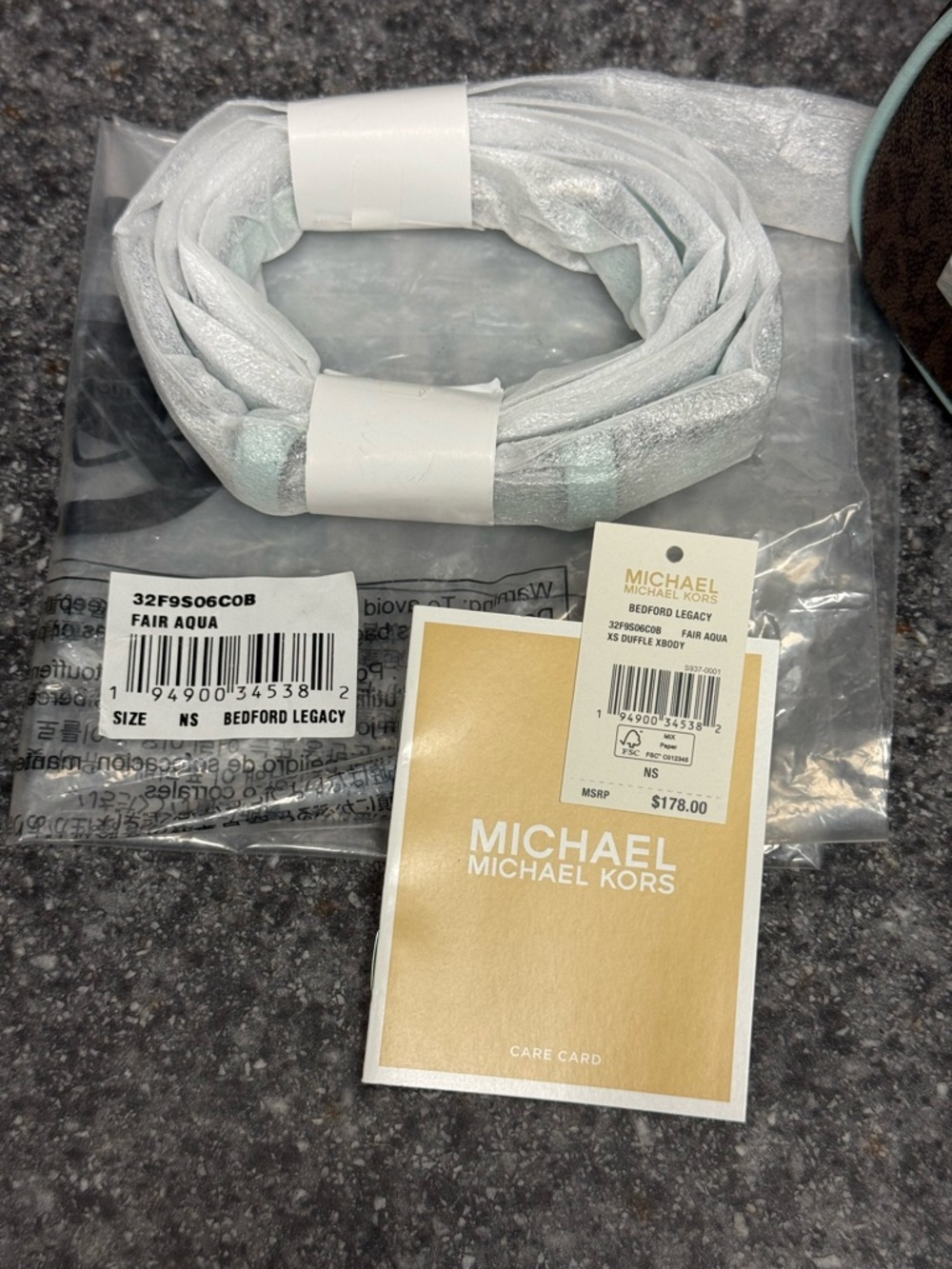 NWT Michael Kors Bedford Legacy XS Logo Duffle Crossbody Bag Brown/Aqua Blue 178 - Picture 9 of 16